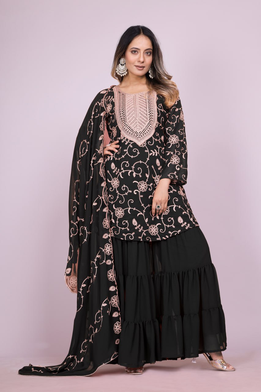 Designer Georgette Sharara Suit with Beautiful Embroidered Work