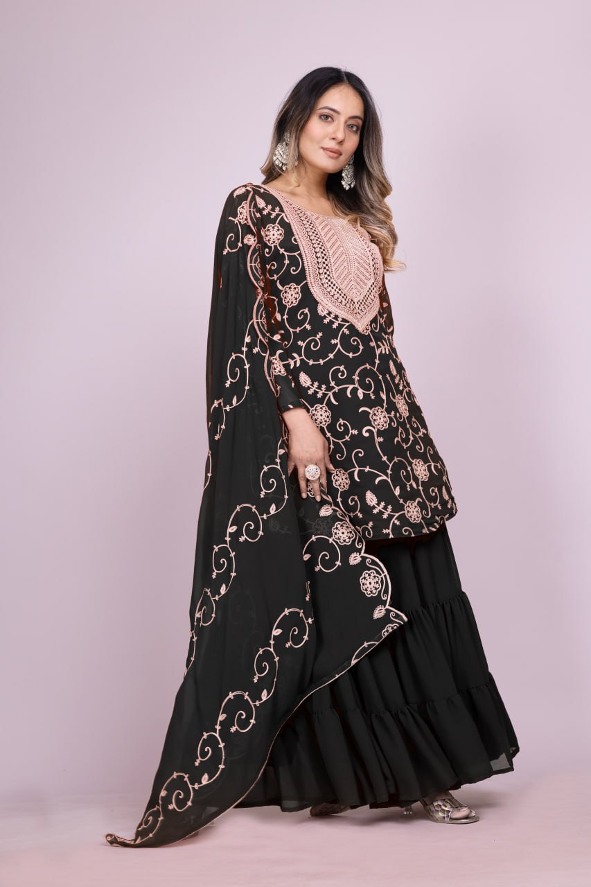 Designer Georgette Sharara Suit with Beautiful Embroidered Work