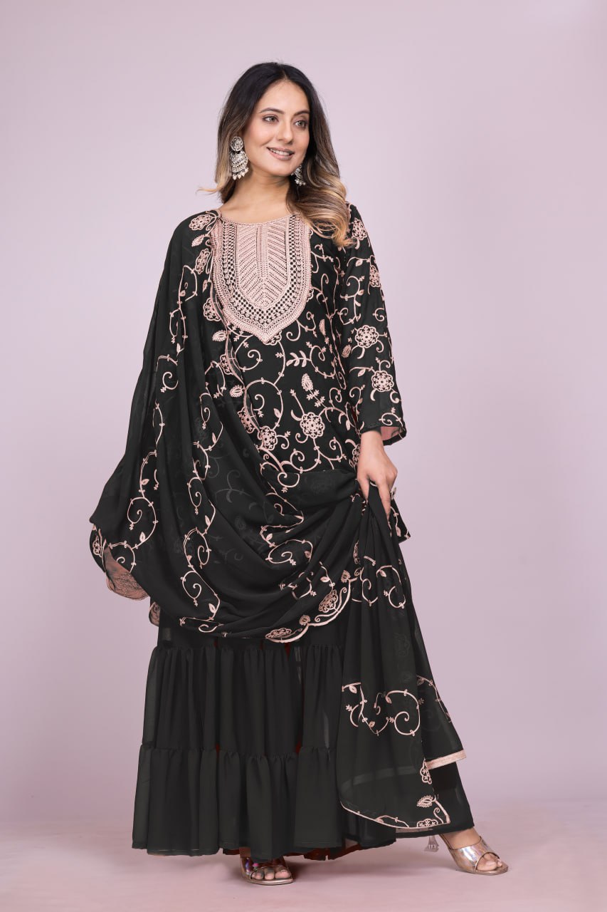 Designer Georgette Sharara Suit with Beautiful Embroidered Work