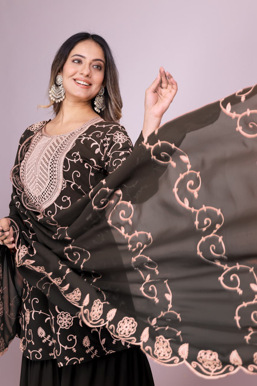 Designer Georgette Sharara Suit with Beautiful Embroidered Work
