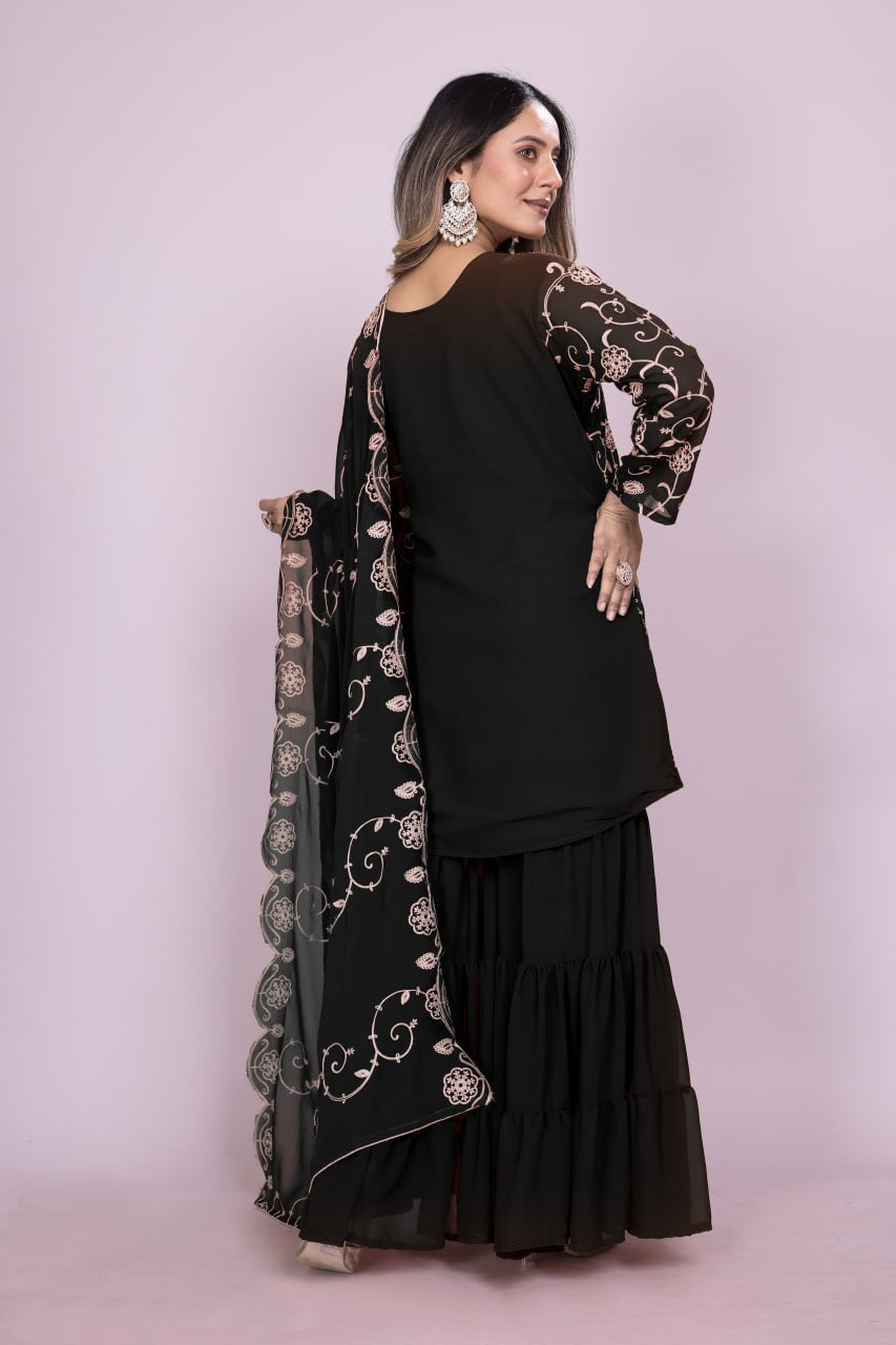 Designer Georgette Sharara Suit with Beautiful Embroidered Work
