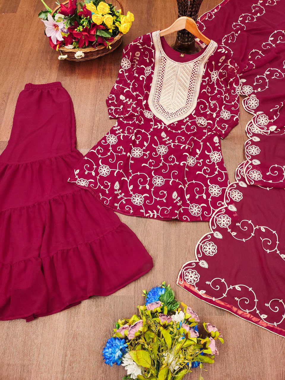 Designer Georgette Sharara Suit with Beautiful Embroidered Work