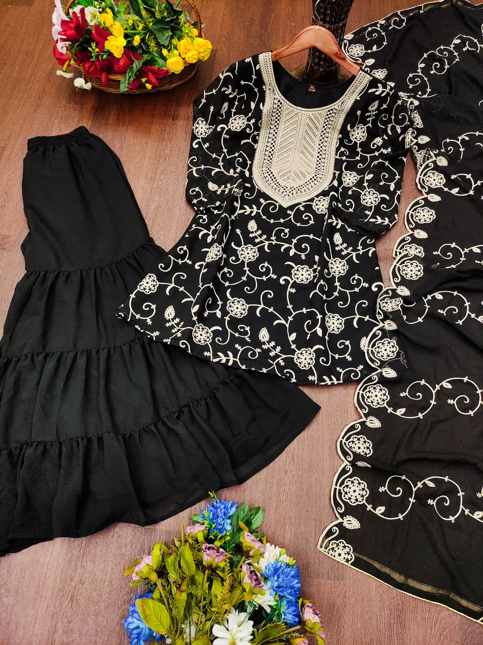Designer Georgette Sharara Suit with Beautiful Embroidered Work