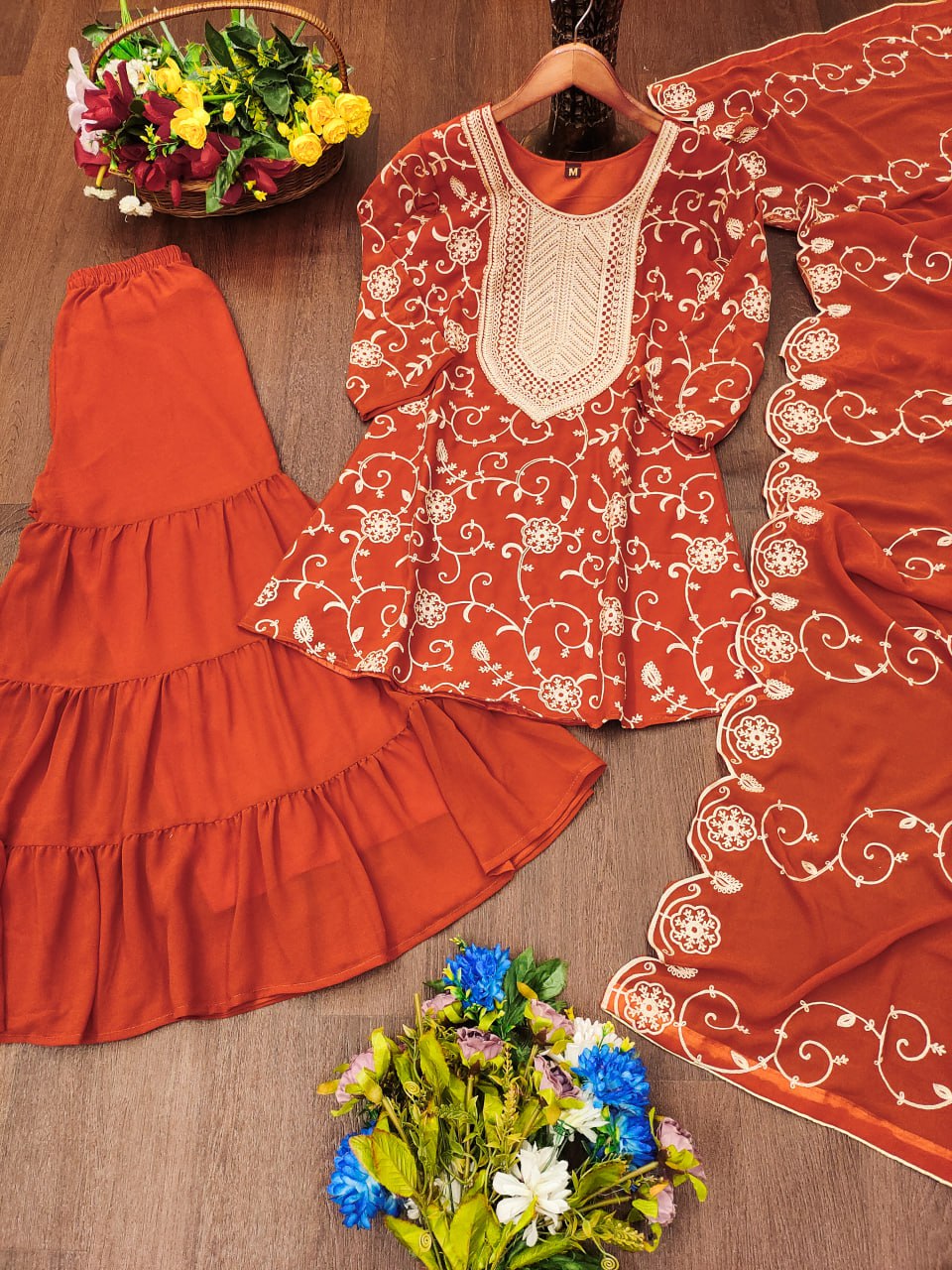 Designer Georgette Sharara Suit with Beautiful Embroidered Work