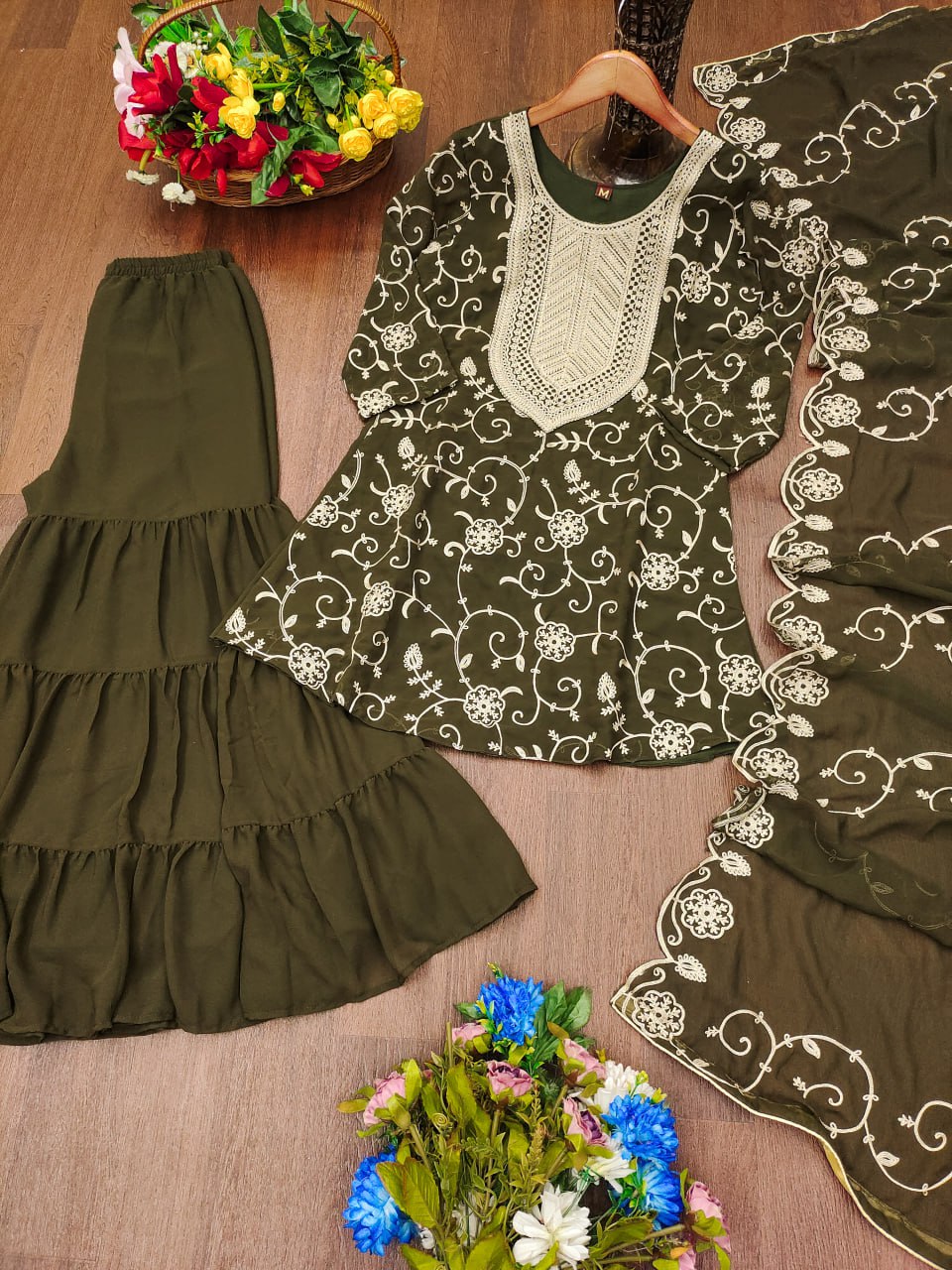 Designer Georgette Sharara Suit with Beautiful Embroidered Work