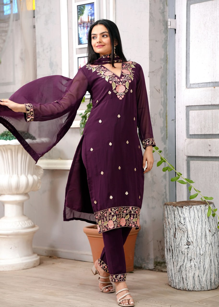 Georgette Resham Thread & Sequin Kurta with Trouser & Dupatta