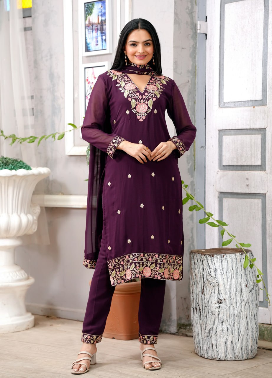 Georgette Resham Thread & Sequin Kurta with Trouser & Dupatta