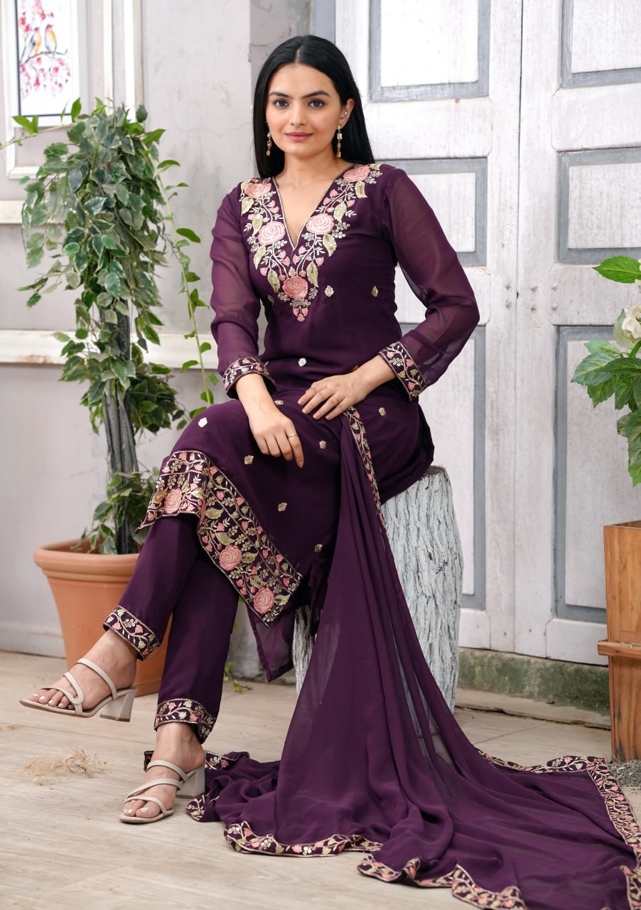 Georgette Resham Thread & Sequin Kurta with Trouser & Dupatta