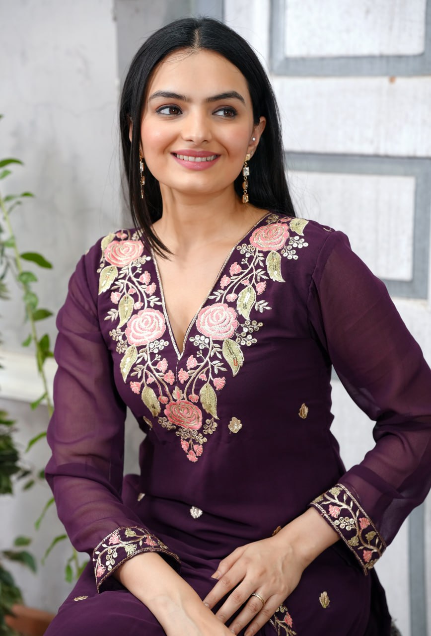 Georgette Resham Thread & Sequin Kurta with Trouser & Dupatta