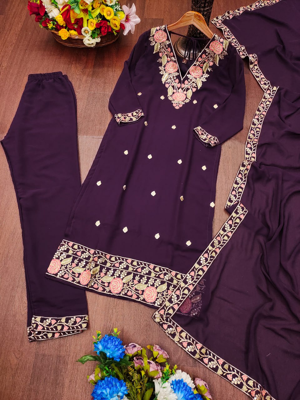 Georgette Resham Thread & Sequin Kurta with Trouser & Dupatta