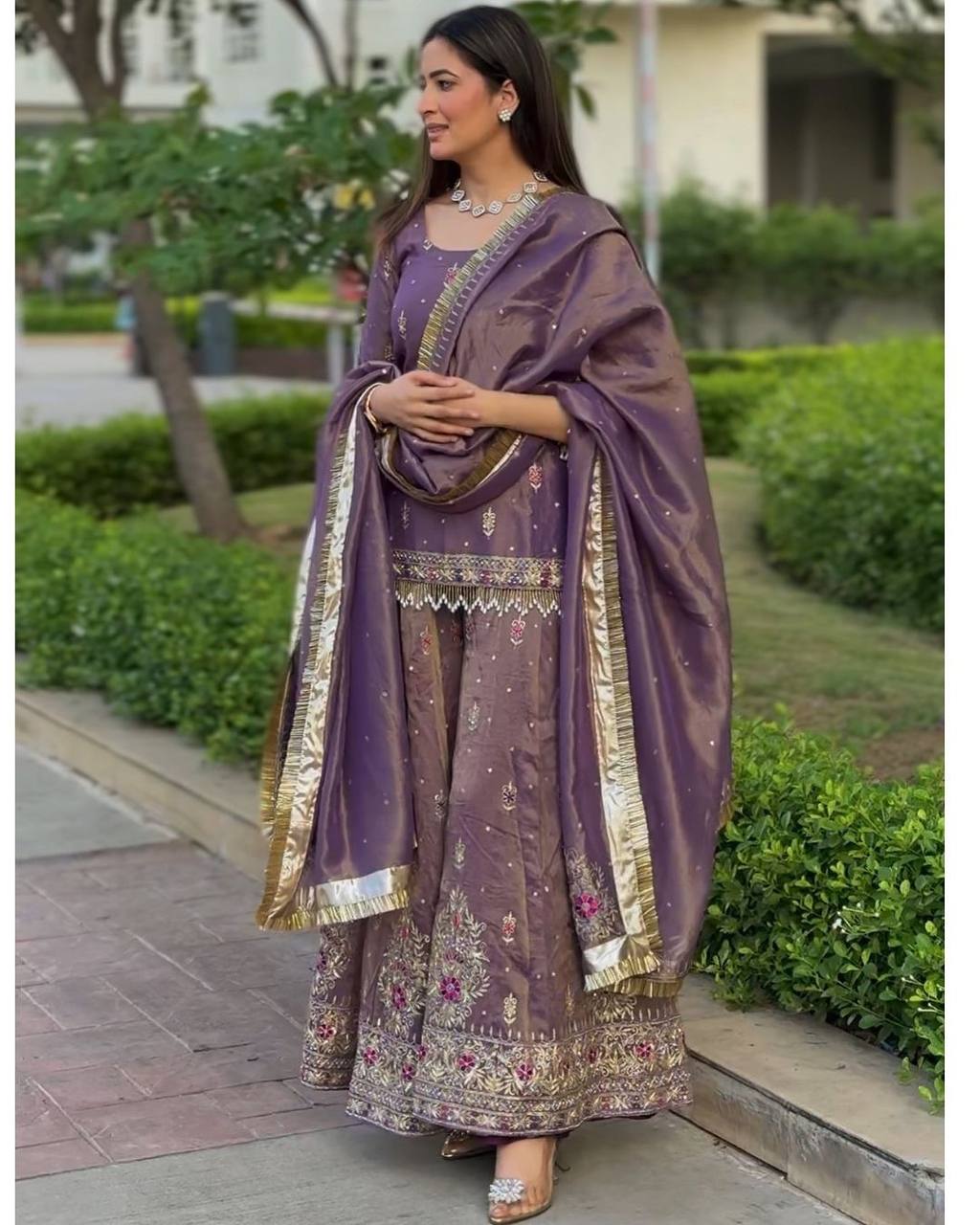 Elegant Mauve Zari Embroidered Sharara Suit Set with Dupatta