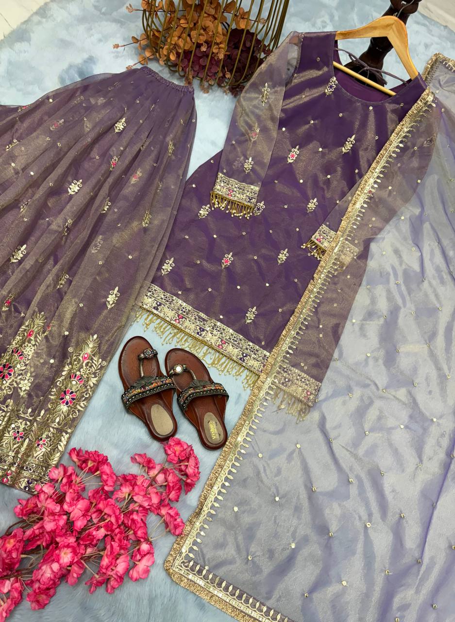 Elegant Mauve Zari Embroidered Sharara Suit Set with Dupatta