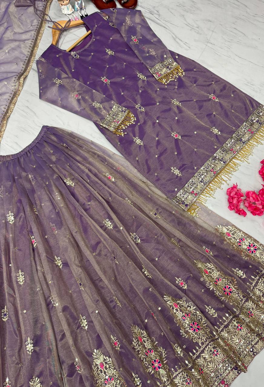 Elegant Mauve Zari Embroidered Sharara Suit Set with Dupatta