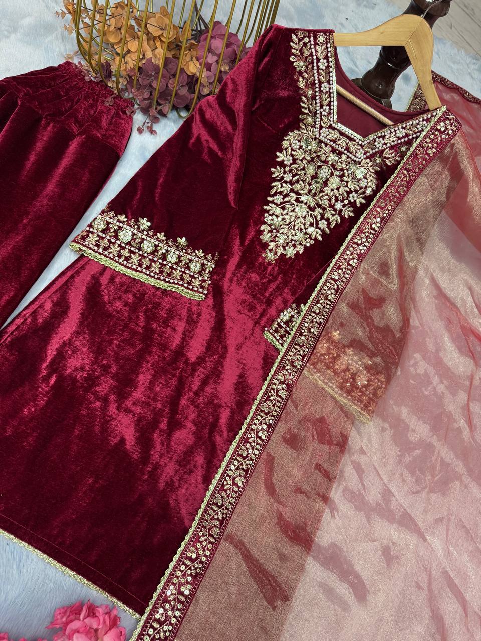 Maroon Velvet Kurta Set with Intricate Zari Embroidery and Dupatta