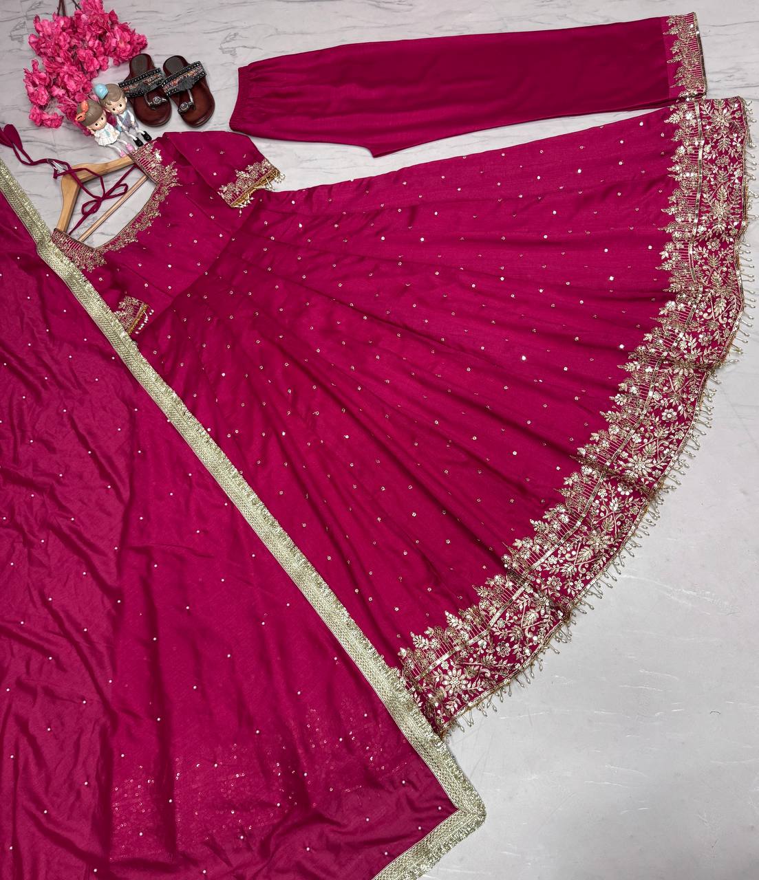 Hot Pink Embellished Anarkali c with Gota Patti and Stone Work