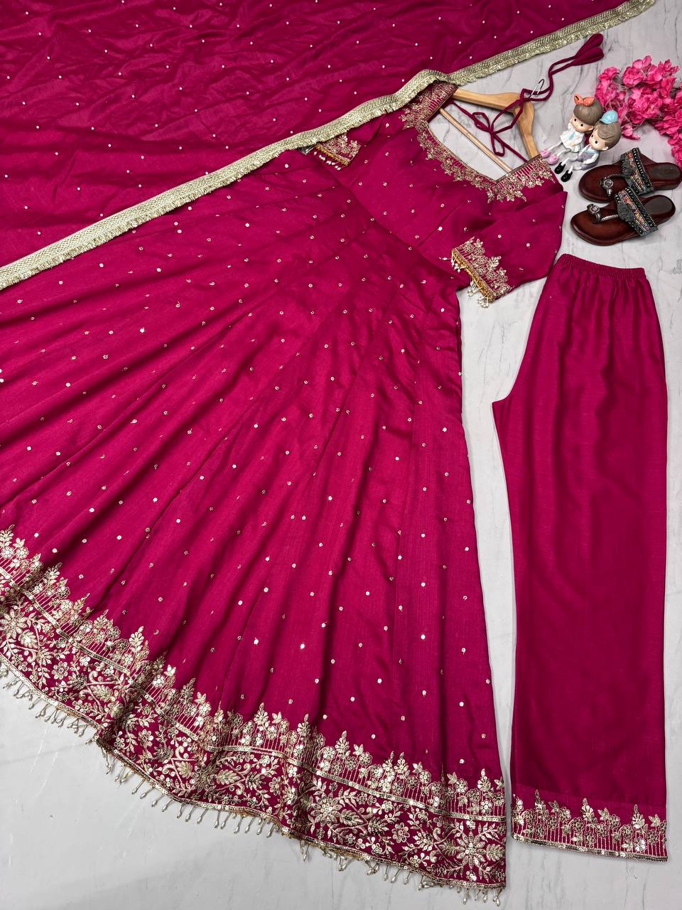 Hot Pink Embellished Anarkali c with Gota Patti and Stone Work