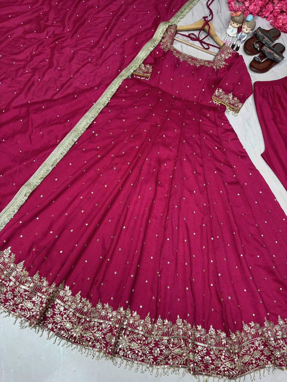 Hot Pink Embellished Anarkali c with Gota Patti and Stone Work