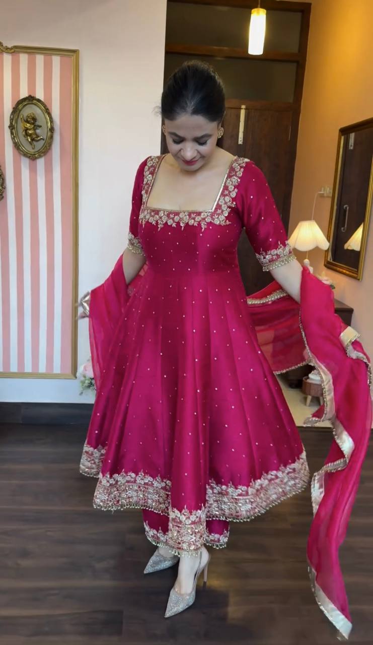 Hot Pink Embellished Anarkali c with Gota Patti and Stone Work
