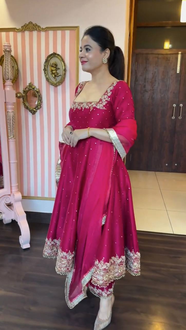 Hot Pink Embellished Anarkali c with Gota Patti and Stone Work