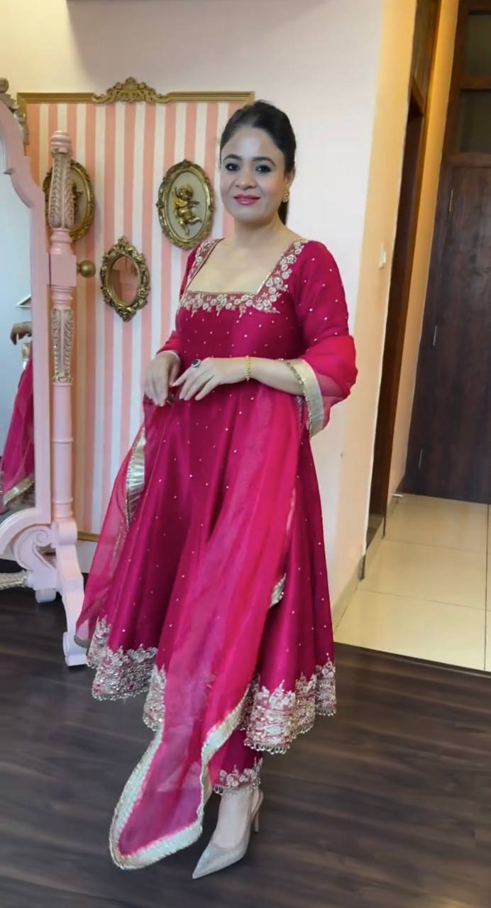 Hot Pink Embellished Anarkali c with Gota Patti and Stone Work