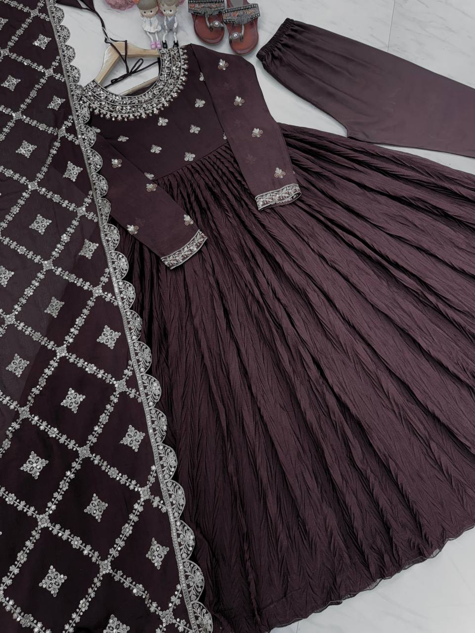 Coffee Brown Georgette Anarkali Gown with Golden Zari Dupatta