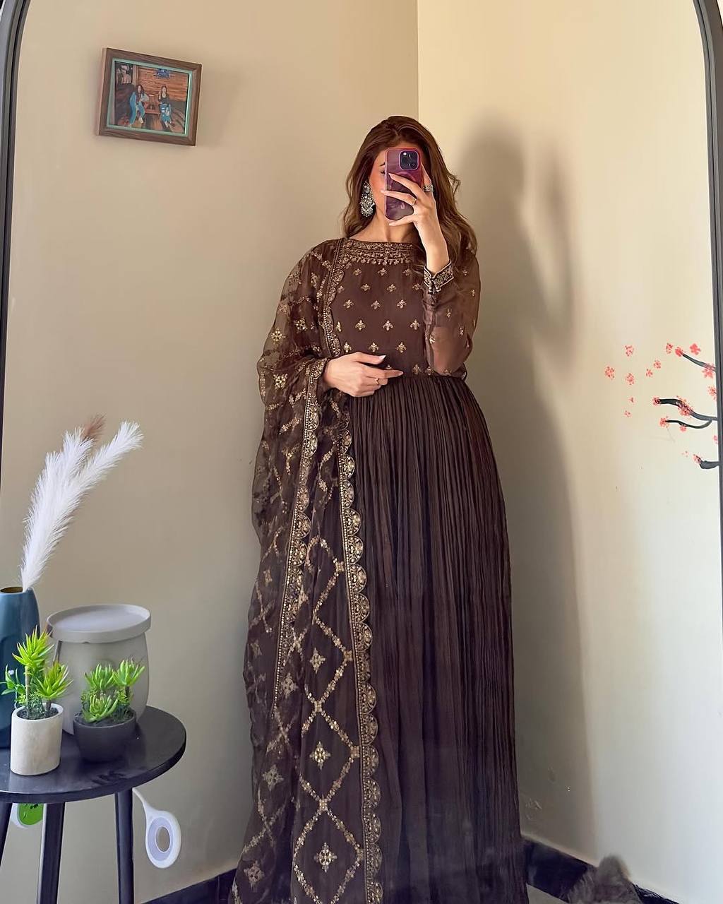 Coffee Brown Georgette Anarkali Gown with Golden Zari Dupatta