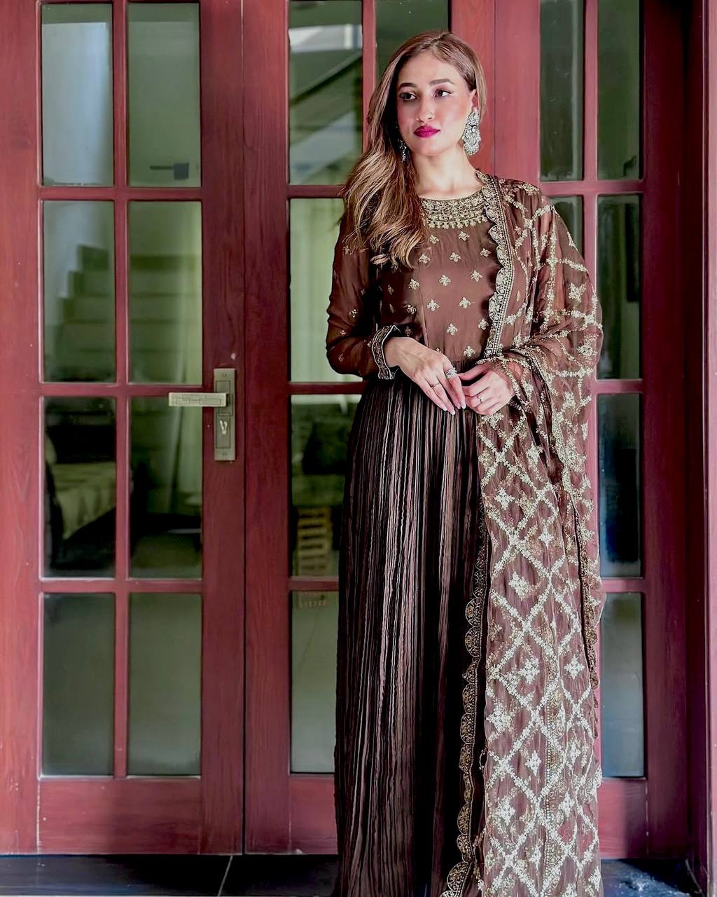 Coffee Brown Georgette Anarkali Gown with Golden Zari Dupatta