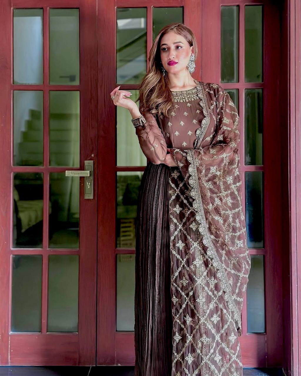 Coffee Brown Georgette Anarkali Gown with Golden Zari Dupatta