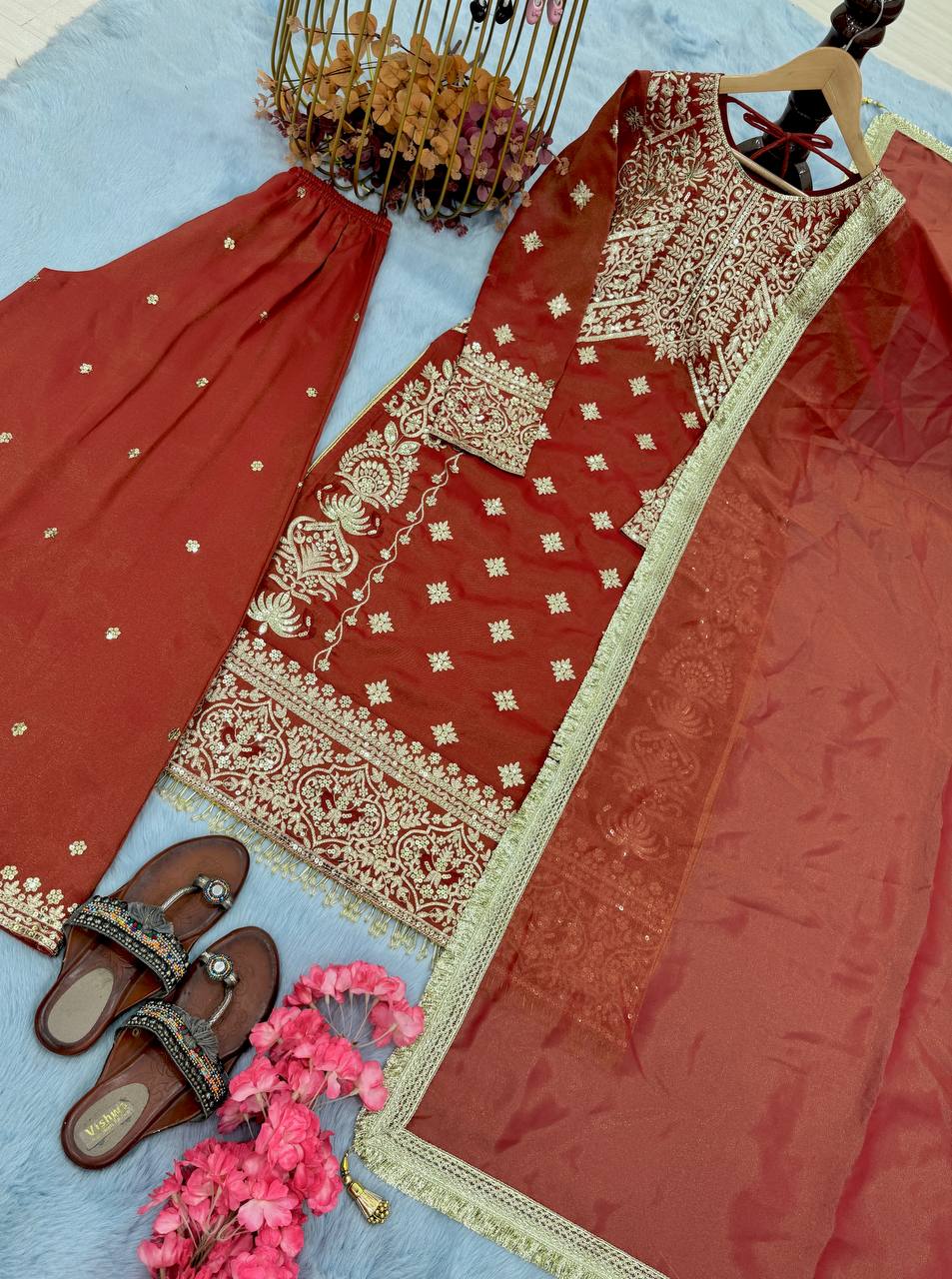 Rust Orange Embroidered Straight-Cut Suit with Sharara & Heavy Zari Work