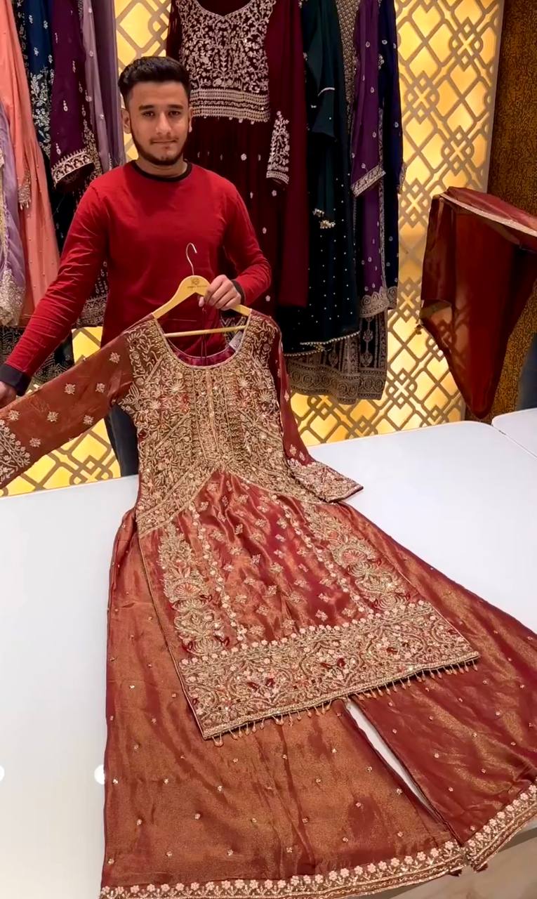 Rust Orange Embroidered Straight-Cut Suit with Sharara & Heavy Zari Work