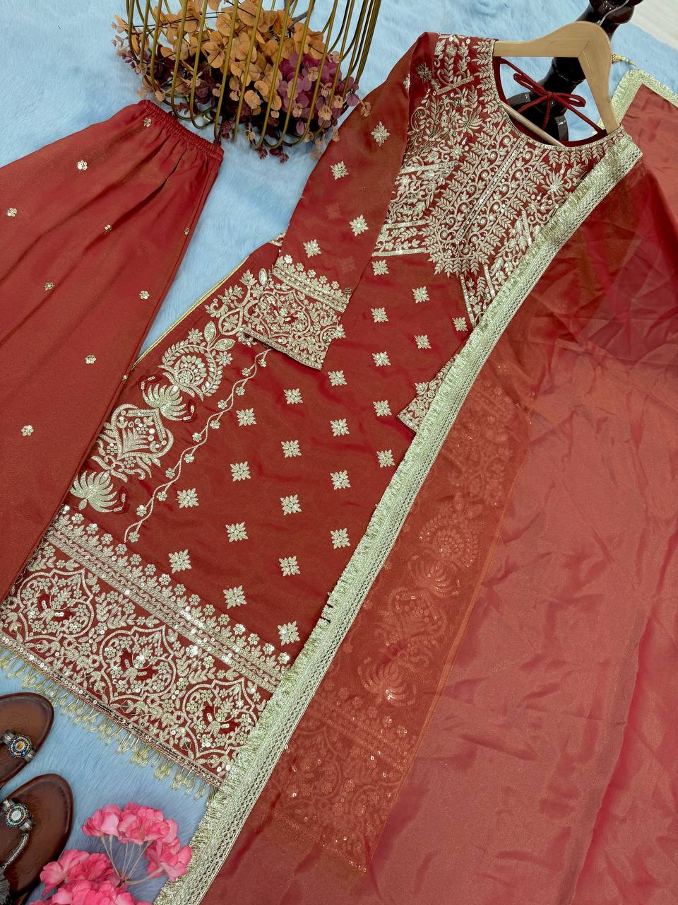 Rust Orange Embroidered Straight-Cut Suit with Sharara & Heavy Zari Work