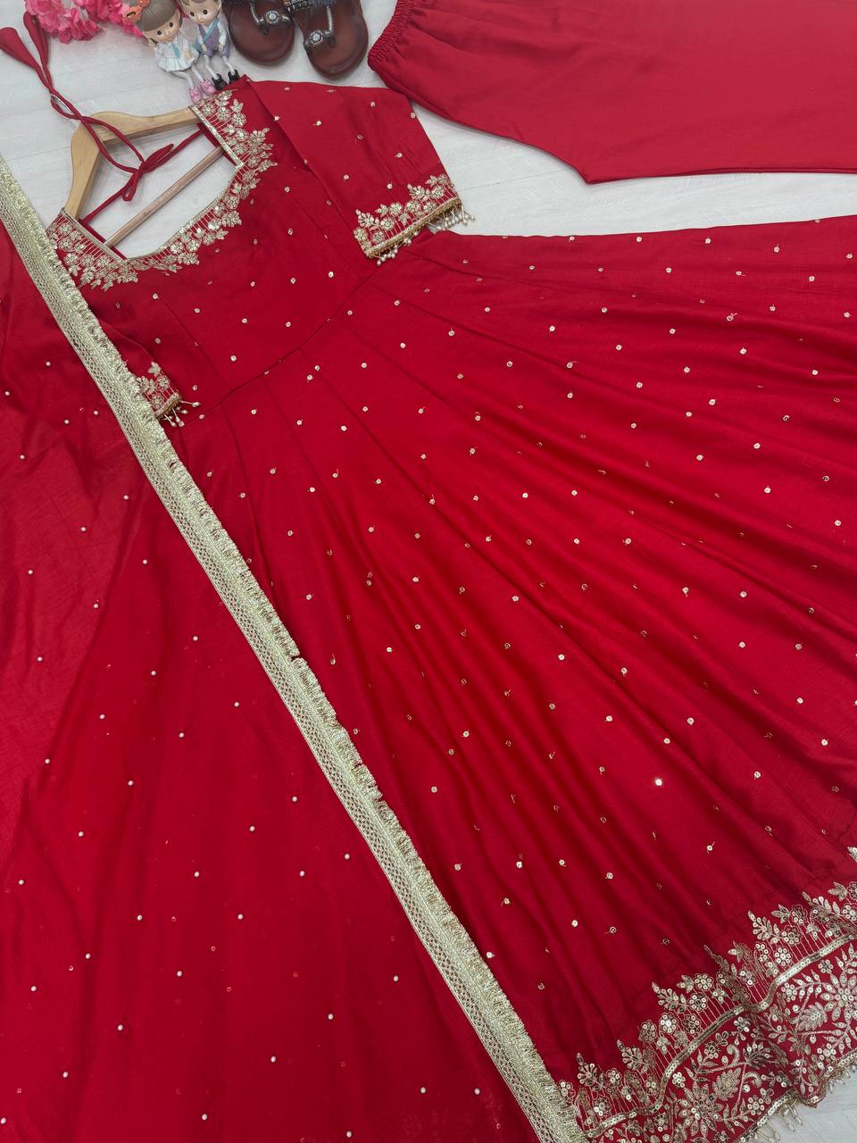 Crimson Red Embellished Anarkali Suit Set with Gota Patti and Sequin Detailing
