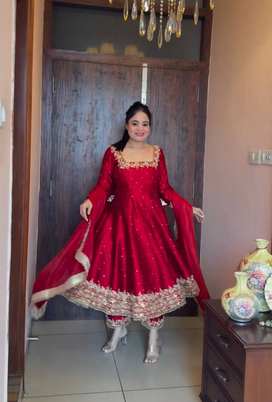 Crimson Red Embellished Anarkali Suit Set with Gota Patti and Sequin Detailing