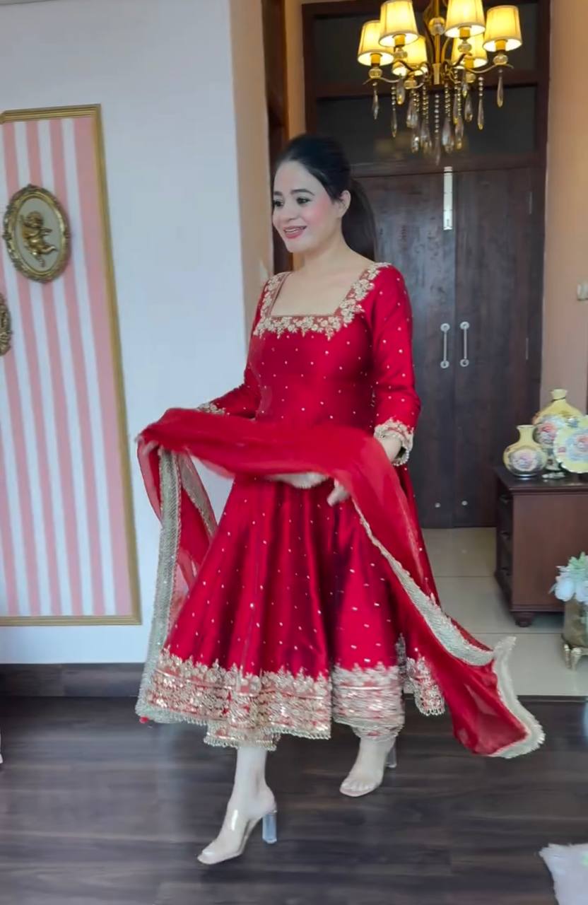 Crimson Red Embellished Anarkali Suit Set with Gota Patti and Sequin Detailing