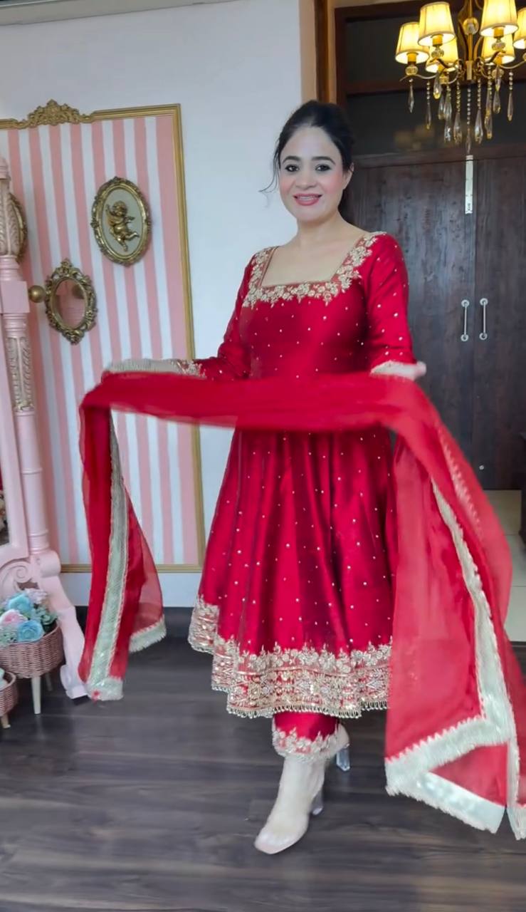 Crimson Red Embellished Anarkali Suit Set with Gota Patti and Sequin Detailing