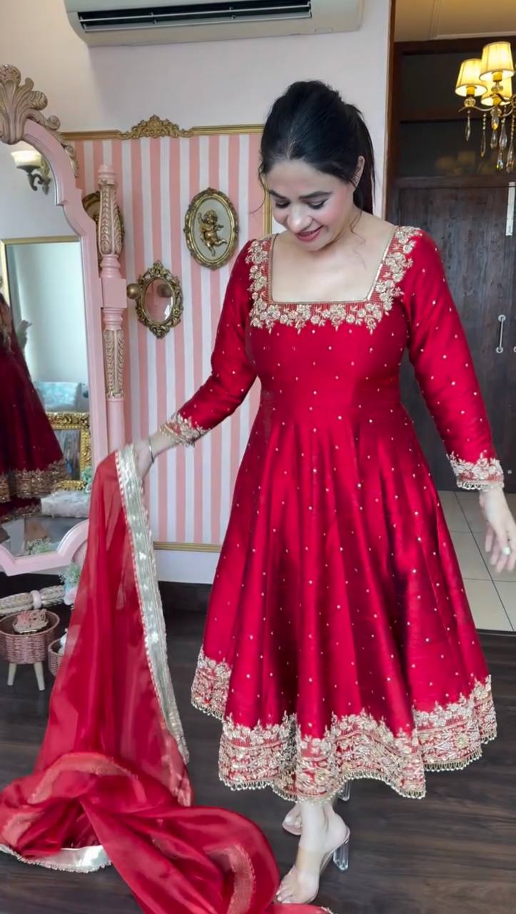 Crimson Red Embellished Anarkali Suit Set with Gota Patti and Sequin Detailing