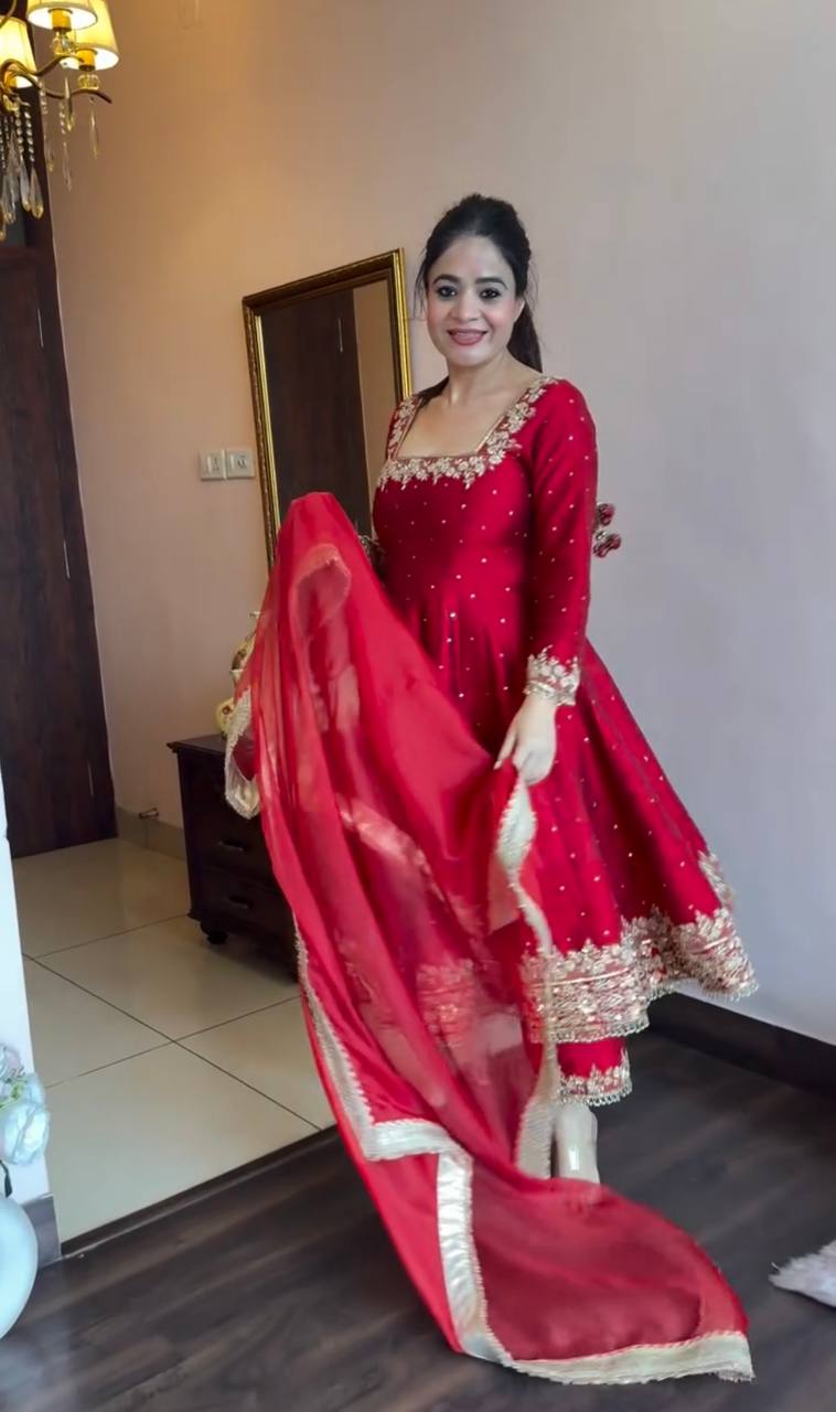 Crimson Red Embellished Anarkali Suit Set with Gota Patti and Sequin Detailing