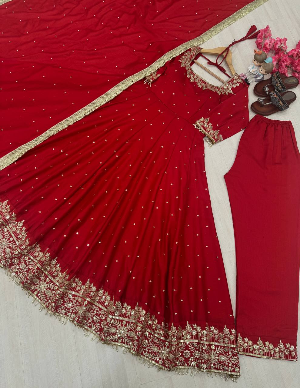 Crimson Red Embellished Anarkali Suit Set with Gota Patti and Sequin Detailing