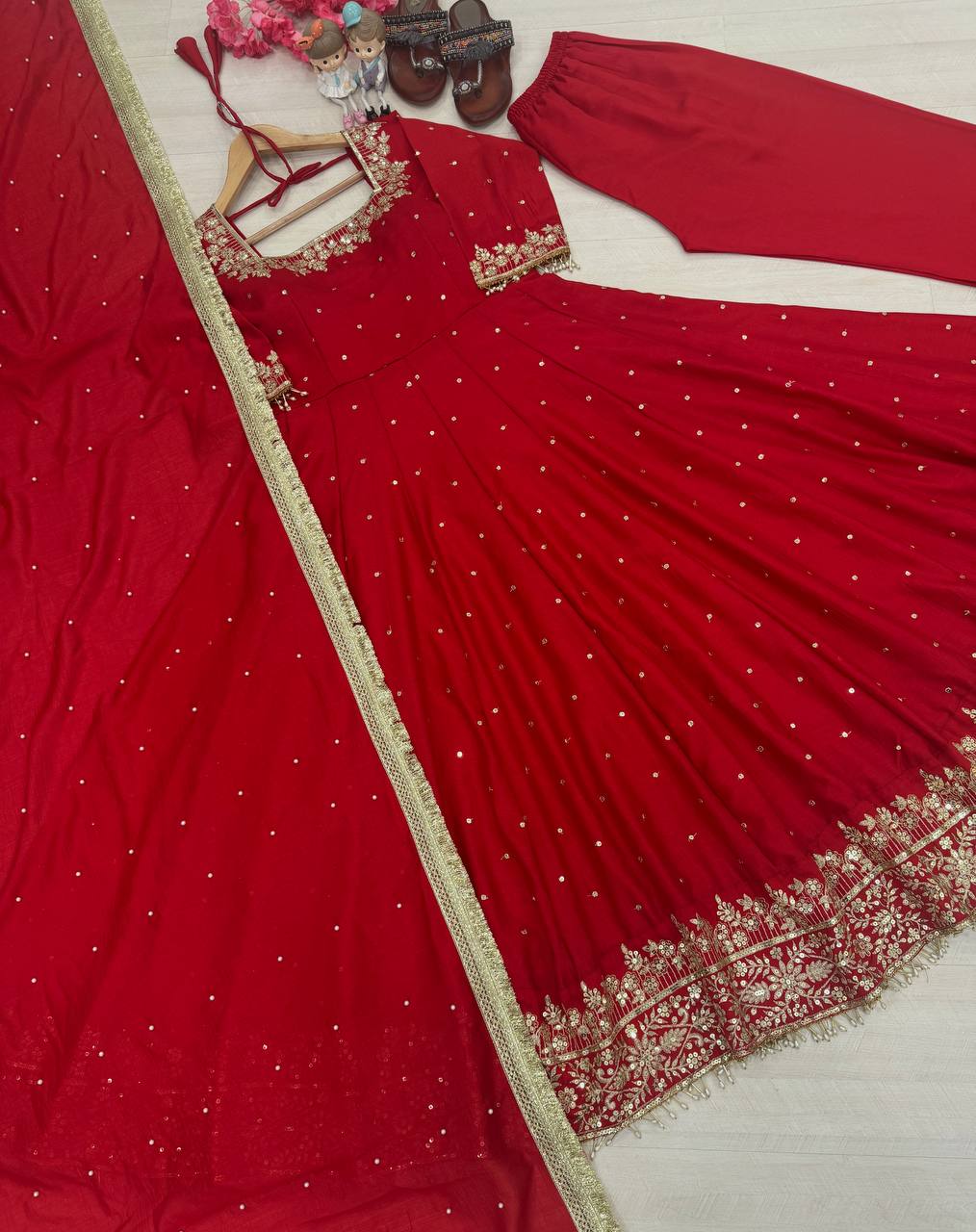 Crimson Red Embellished Anarkali Suit Set with Gota Patti and Sequin Detailing