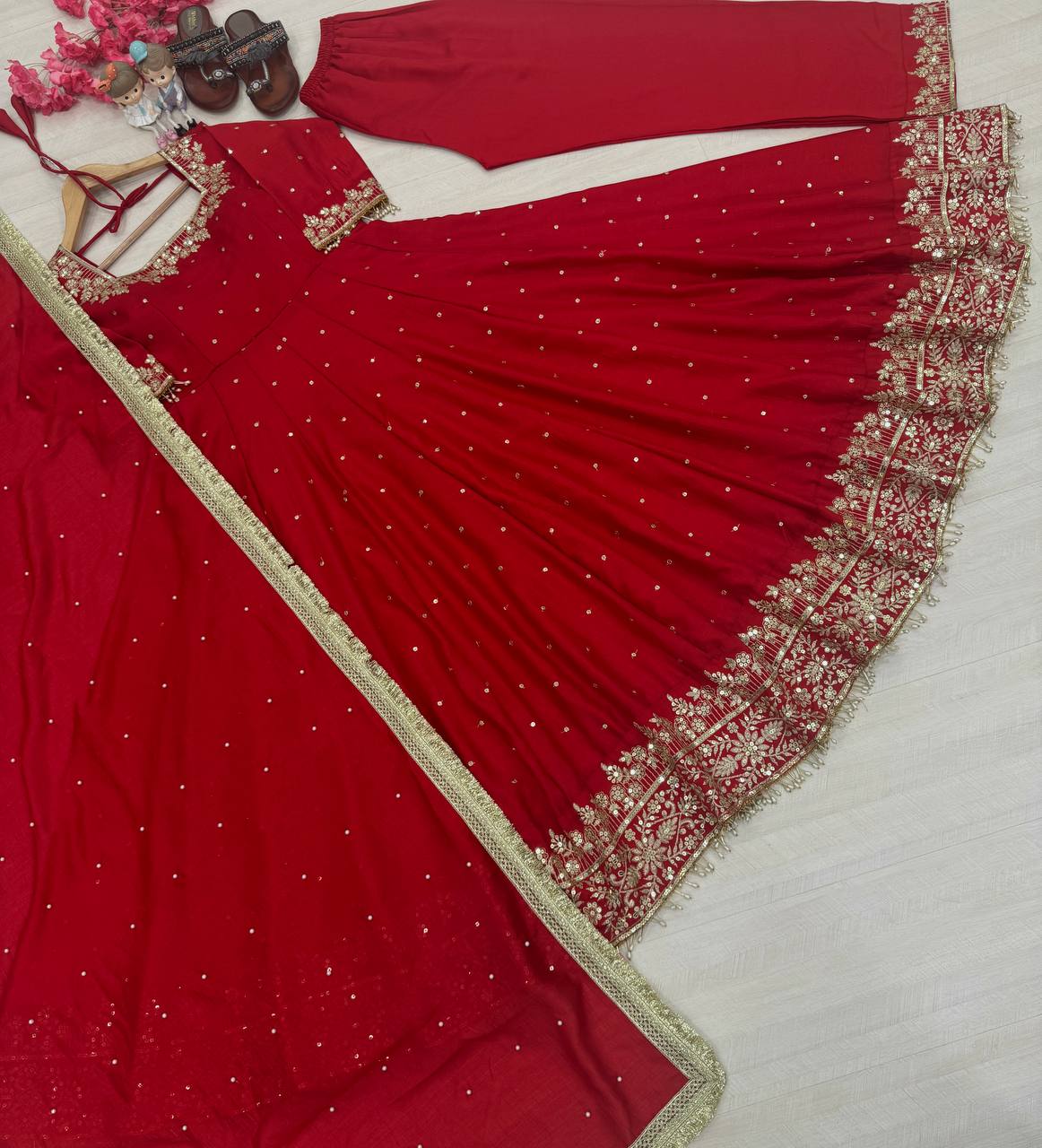 Crimson Red Embellished Anarkali Suit Set with Gota Patti and Sequin Detailing