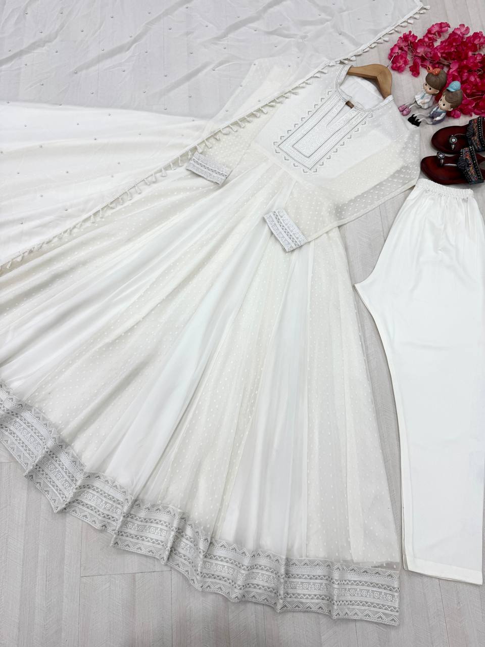 Elegant Off-White Cotton Anarkali Set with Thread Embroidery and Dupatta