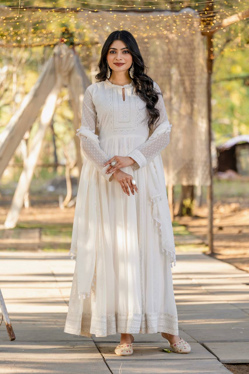 Elegant Off-White Cotton Anarkali Set with Thread Embroidery and Dupatta
