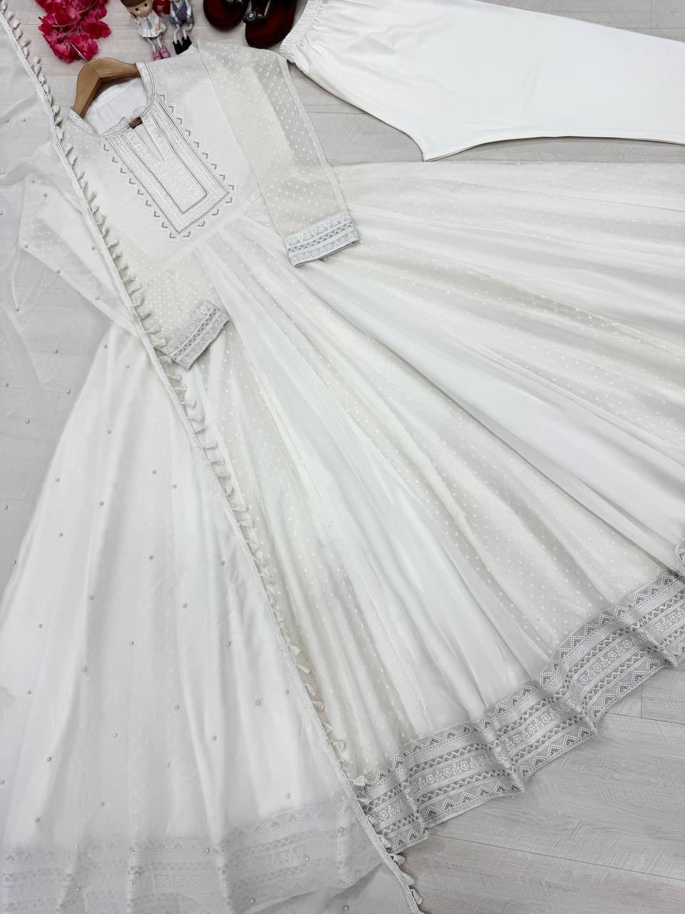 Elegant Off-White Cotton Anarkali Set with Thread Embroidery and Dupatta