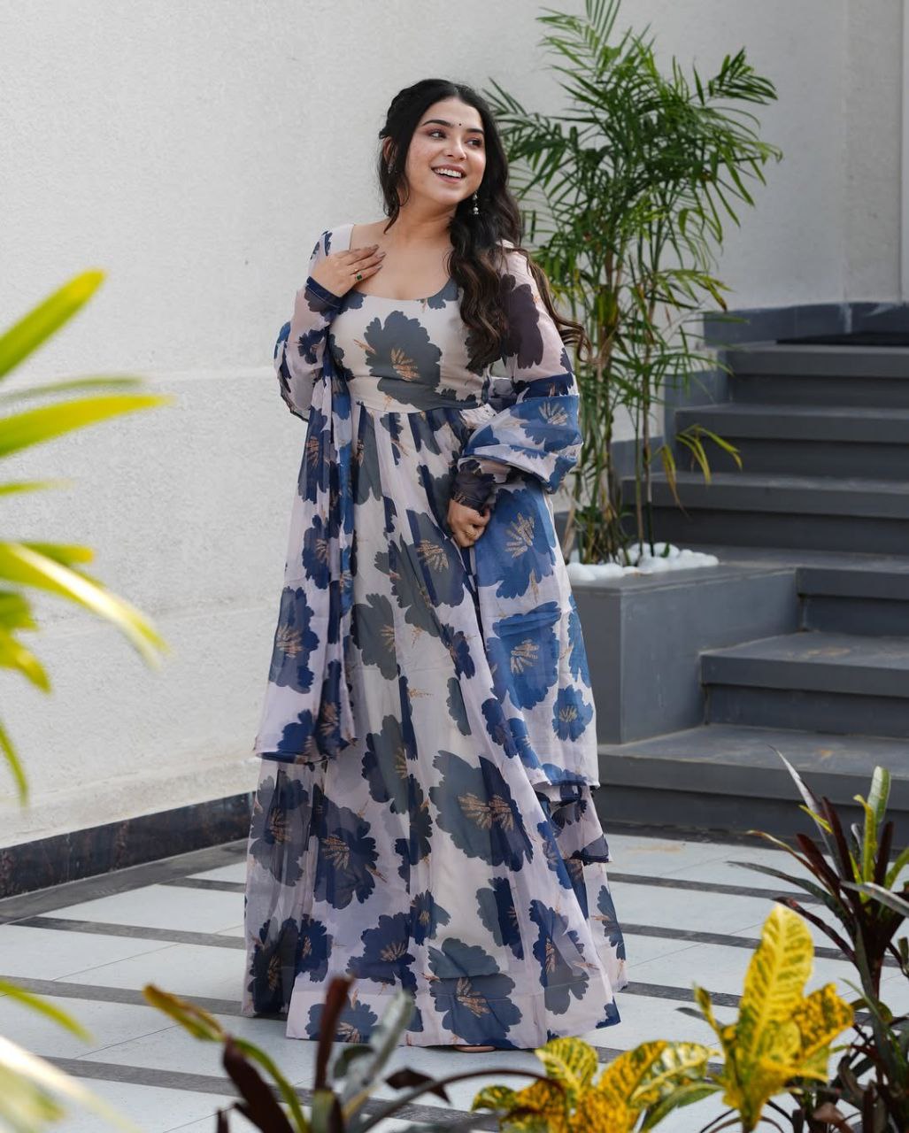 Blue Color Flower Print Tabby Organza Anarkali Suit