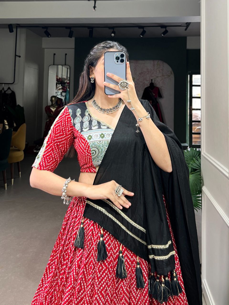 Red Navratri Lehenga Choli in Rayon With Bandhej and Ajarakh Print Work