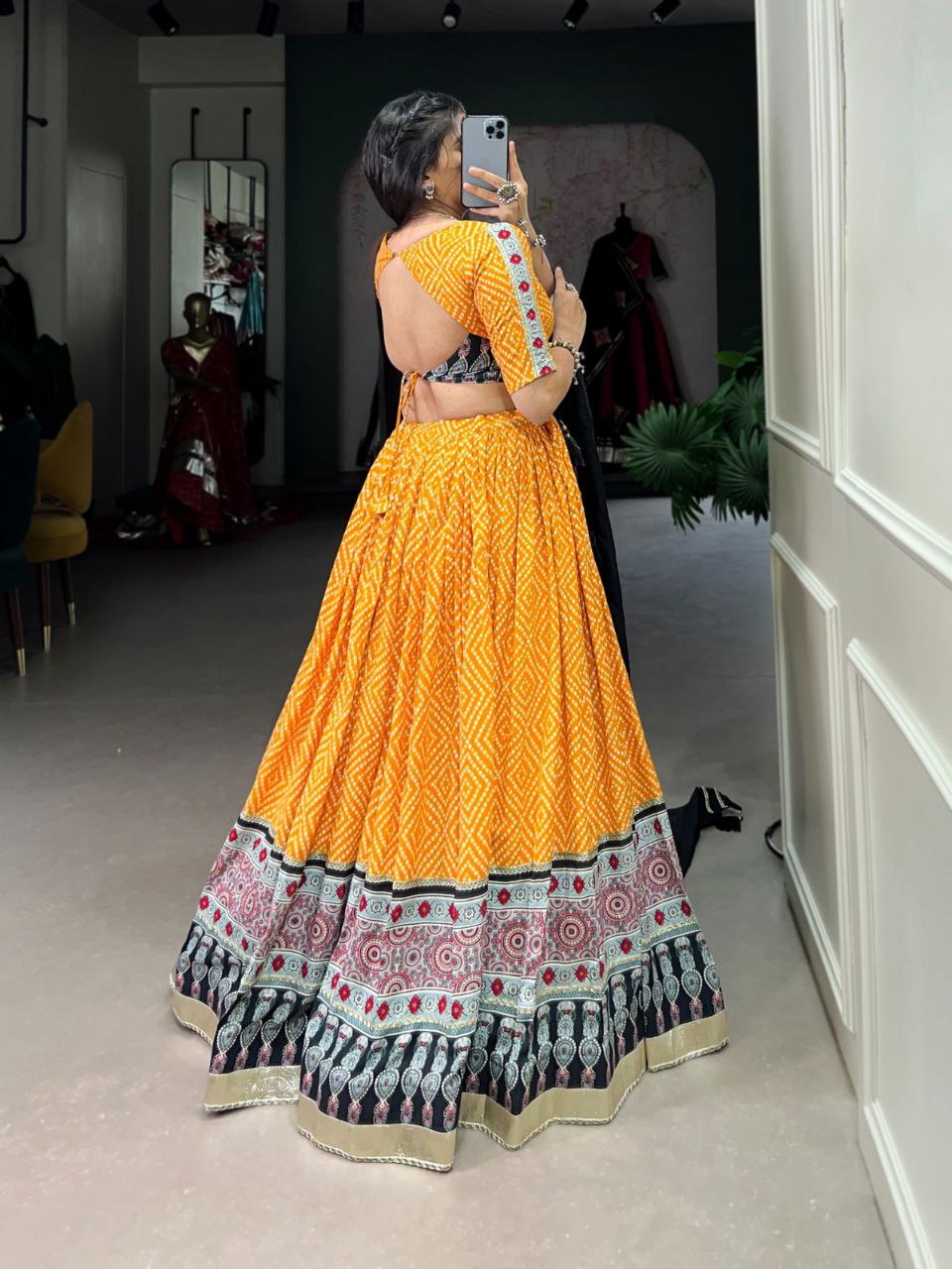 Red Navratri Lehenga Choli in Rayon With Bandhej and Ajarakh Print Work