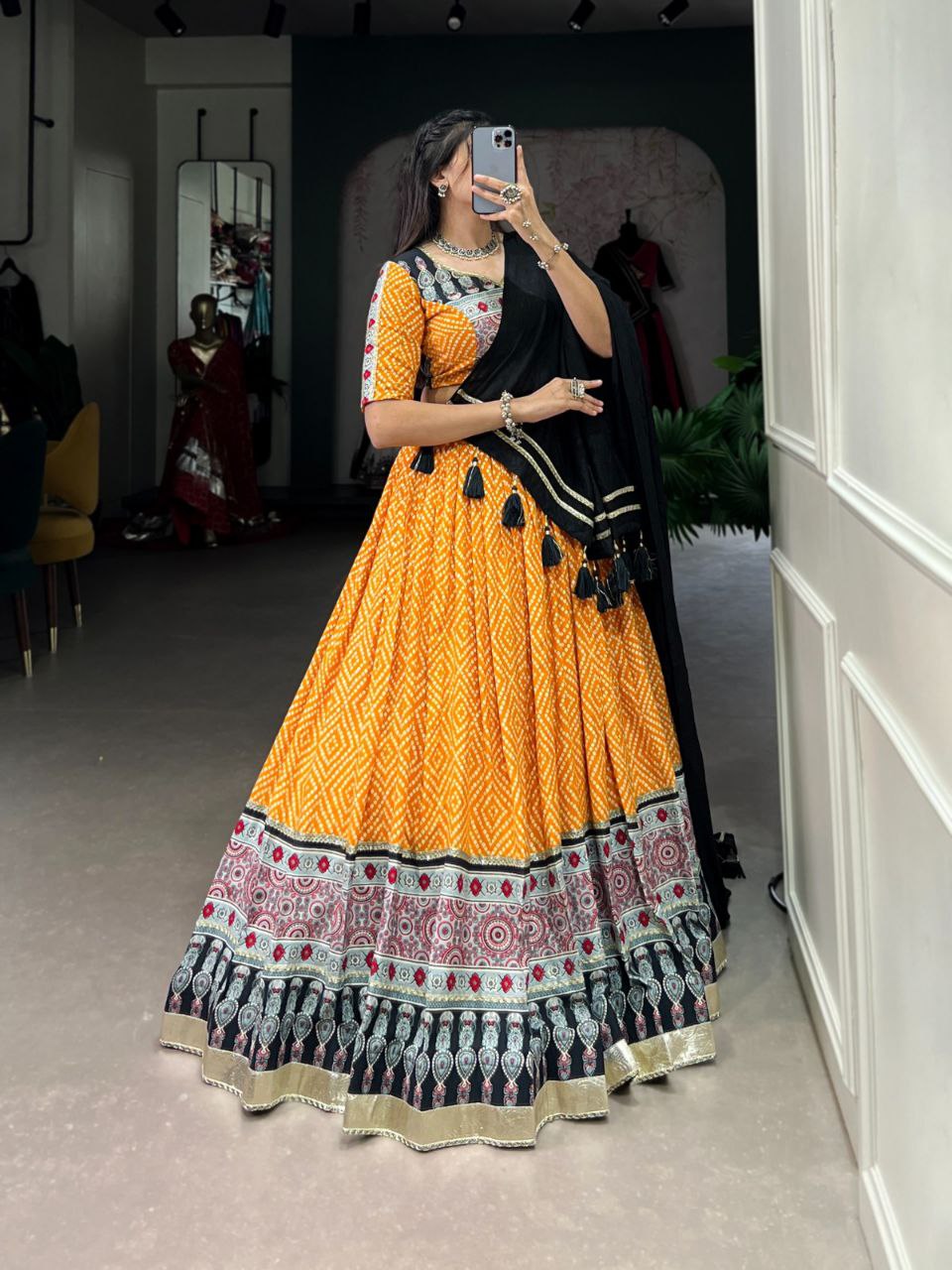 Red Navratri Lehenga Choli in Rayon With Bandhej and Ajarakh Print Work