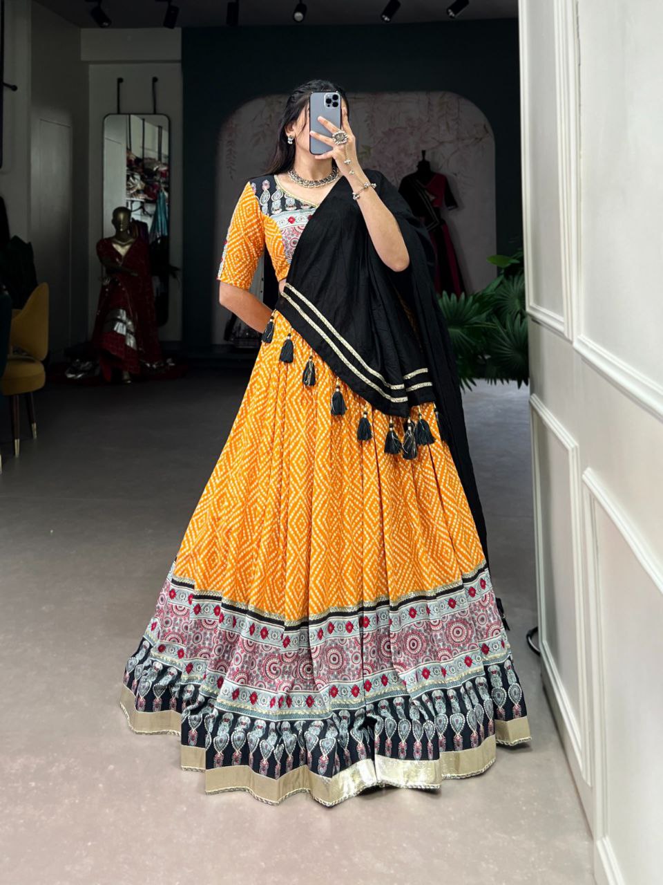 Red Navratri Lehenga Choli in Rayon With Bandhej and Ajarakh Print Work