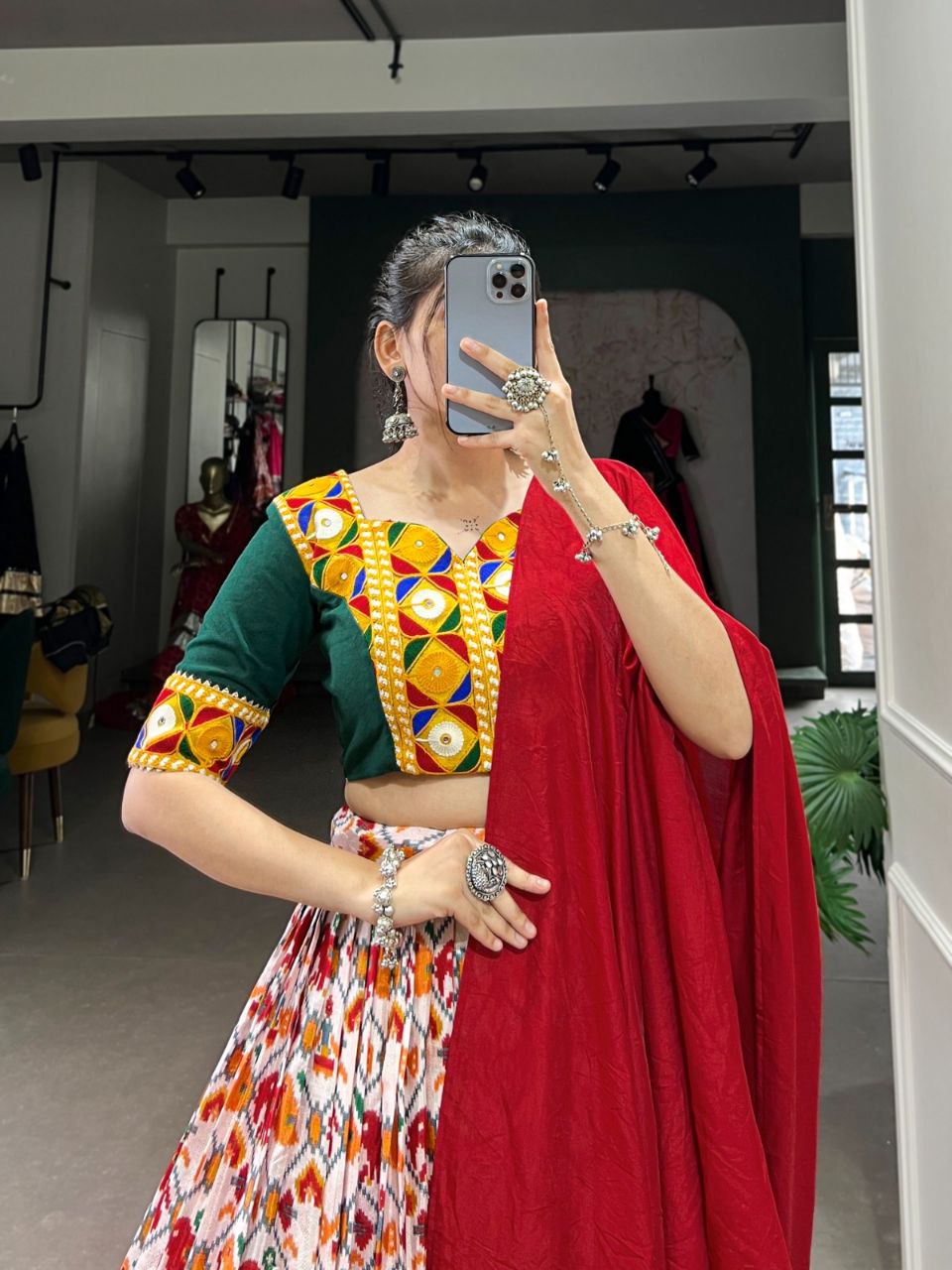 White and Red Navratri Lehenga Choli in Dola Silk With Patola Print and Real Mirror