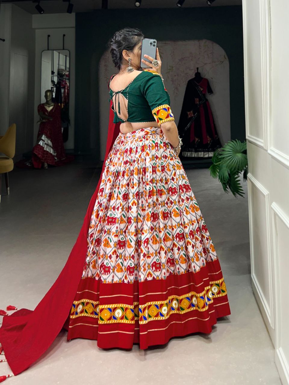 White and Red Navratri Lehenga Choli in Dola Silk With Patola Print and Real Mirror